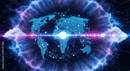 Vibrant global network with interconnected digital globe