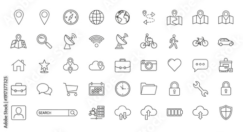 Collection of various linear icons representing travel technology and more