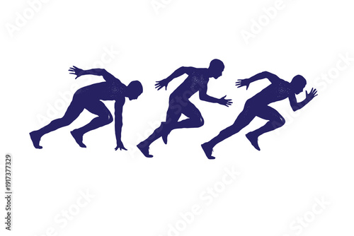 Running athlete silhouette vector illustration set, dynamic sprint poses in a hand-drawn, textured style, motion, speed, and athletic performance, sports branding isolated on white background