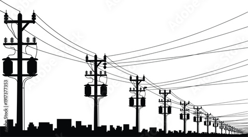 Silhouette of a city skyline with a row of utility poles and power lines stretching into distance Keywords: silhouette, city