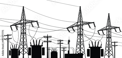 Silhouette of a power substation with high-voltage transmission towers and transformers Keywords: silhouette, power substation