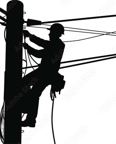 Silhouette of an electrician climbing a utility pole working on wires vector illustration