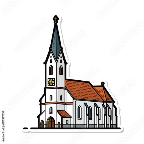 An illustration of a historic church building with a tall steeple and red roof viewed from the front