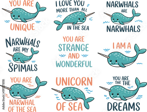 Cute Narwhal with Affectionate Messages in Various Colors cartoon blue orange