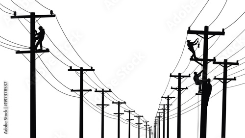 Silhouette of linemen working on utility poles and power lines Keywords: power line, utility pole, lineman, electricity, worker