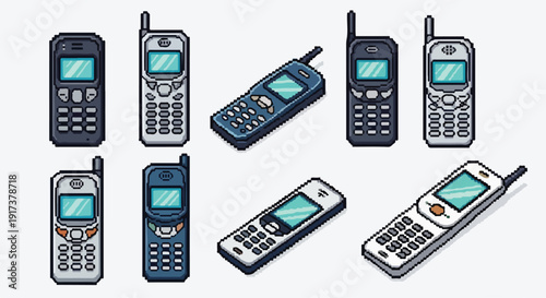 Illustration of various old handheld telephone devices with antennas and keypads on a plain white background.