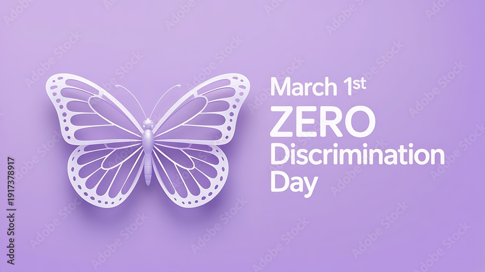 Fototapeta premium Zero discrimination day March first illustration with beautiful white butterfly on purple background, concept for equality and human rights awareness, symbolic and clean design