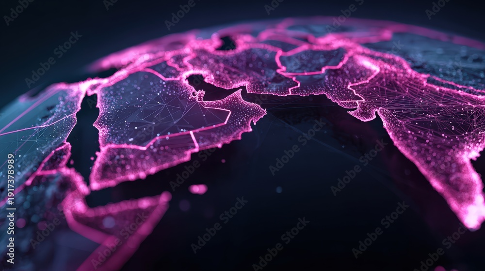 Fototapeta premium Glowing global representation in vibrant neon outline on the surface of the planet Earth against a dark background. ..Created with Generative AI, not depicting real subjects.