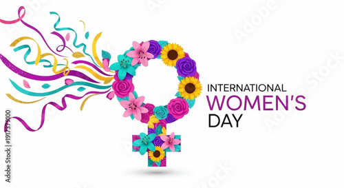 Vibrant International Women's Day symbol with colorful flowers