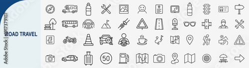 Road travel and transportation icons set, outline symbols for car journey highway traffic signs navigation tourism and vehicle driving vector illustration