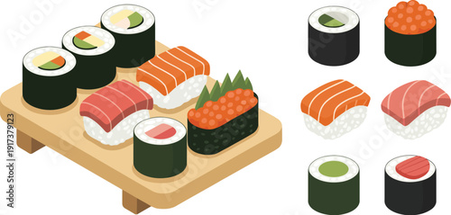 Assorted Sushi Rolls and Sashimi on a Wooden Plate and Separately Arranged