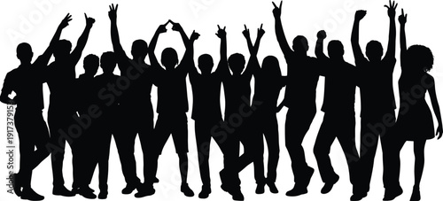 Group of happy people silhouette cheering with raised hands at concert celebration party event isolated on white background