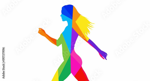 Vibrant woman running with colorful geometric design