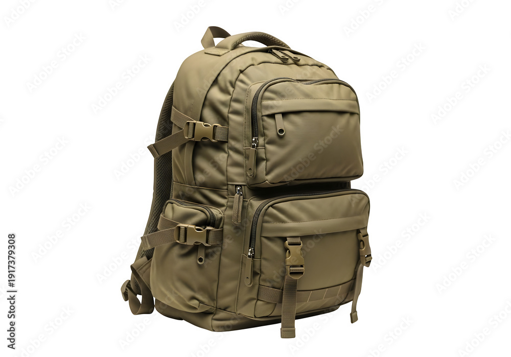 Fototapeta premium Tourist Khaki Backpack Isolated on White and Transparent Background