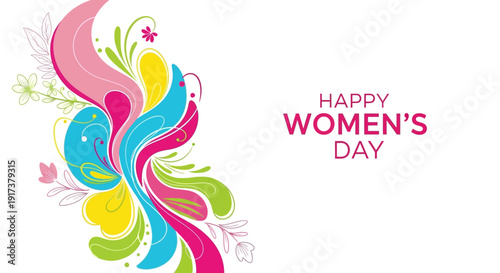 Vibrant floral design celebrating Happy Women's Day with colorful swirls