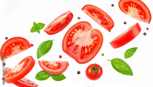 Wallpaper Mural Fresh Tomato Slices and Basil Leaves in a Dynamic Composition for Healthy Eating and Culinary Use. Torontodigital.ca