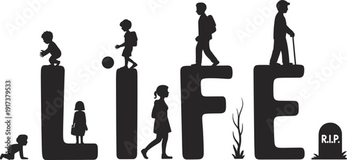 PrintHuman life cycle concept with black silhouettes from baby to elderly on large letters, isolated on white background