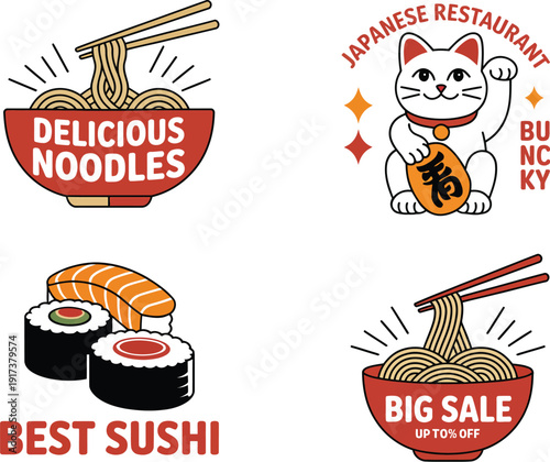 Four Japanese Restaurant Featuring Noodles, Sushi, and a Lucky Cat bowl