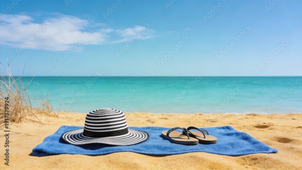 Obraz premium Summer beach scene with striped sun hat and flip flops on blue towel,golden sand and turquoise sea under clear sky,travel vacation and relaxation concept