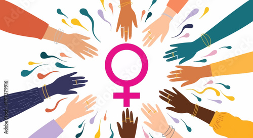 Diverse hands unite around vibrant female symbol in colorful celebration