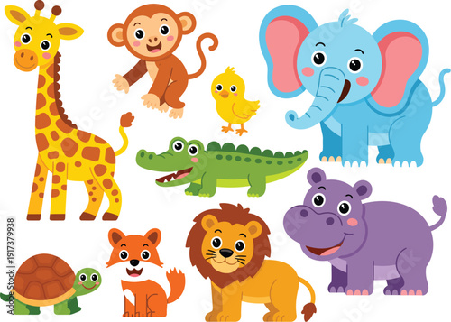 Colorful cartoon animals including giraffe monkey chick elephant crocodile tortoise fox lion