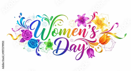 Vibrant Women's Day celebration with colorful flowers and geometric designs