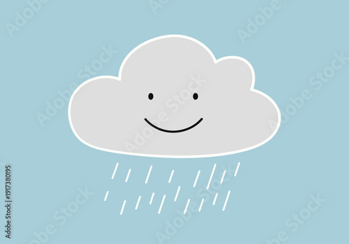 A smiling gray cartoon cloud with white outline raining on a light blue background