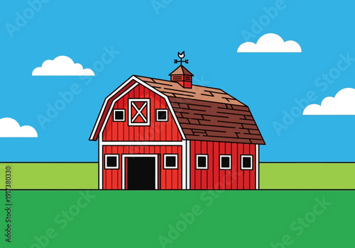 Cartoon red barn with gambrel roof and weathervane in a green field under blue sky
