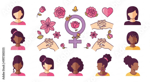 Diverse women celebrating female empowerment with flowers and symbols of unity and love on white background