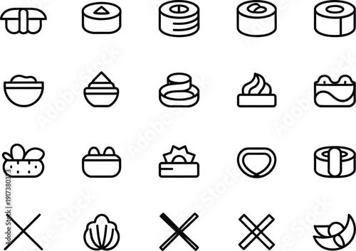 Black and white of various sushi and food with some crossed out