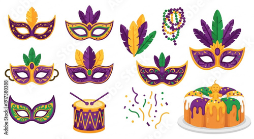 Mardi gras carnival masks beads cake and drum on white background festive purple green and gold decorations for party celebration