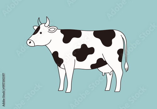 Stylized black and white spotted cow illustration on pale blue background