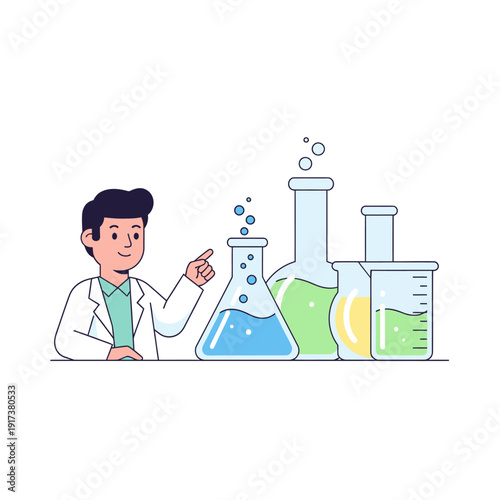Scientist pointing at bubbling flasks in a laboratory, science experiment, research, discovery