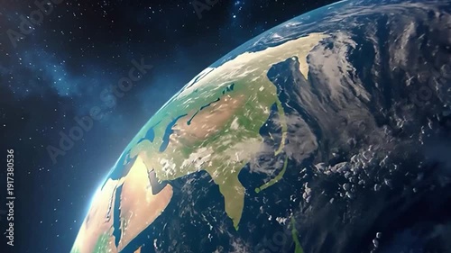 Cinematic View of Earth from Outer Space Showing Asia and the Middle East with Detailed Clouds and Starry Galaxy Background