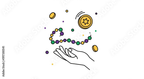 Hand releasing colorful beads and coins in mid air on white background