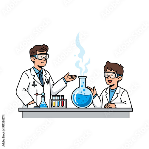 Scientist teaching student chemistry experiment with bubbling flask in laboratory