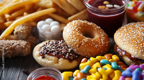 Unhealthy products. Food is bad for the figure, skin, heart, and teeth. Donuts, French fries, and desserts.