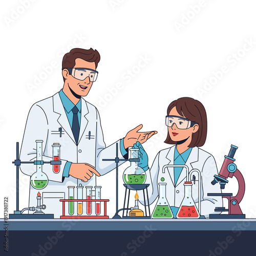 Scientists working in a laboratory with colorful liquids and equipment