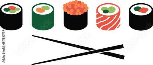 Assorted Sushi Rolls with Chopsticks on White Background food Japanese