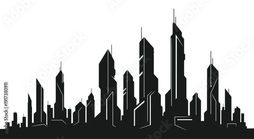 A minimalist silhouette of a cityscape – primarily skyscrapers and buildings, rendered in a dark, muted gray