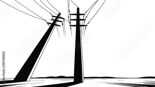 Stylized silhouette of two utility poles and power lines with landscape elements Keywords: utility pole, power line, silhouette