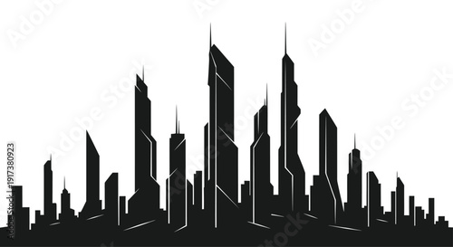 A minimalist silhouette of a cityscape – primarily skyscrapers and buildings, rendered in a dark, muted gray