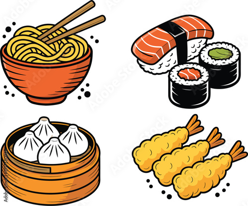 Four Dishes of Asian Cuisine Including Noodles Sushi Dumplings and Fried Chicken