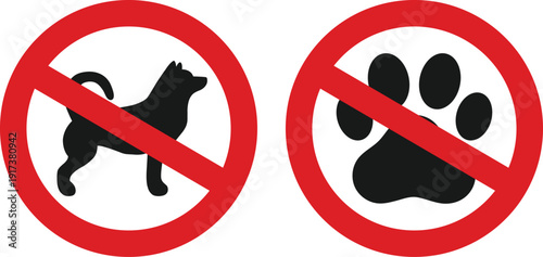 No Dogs and No Pets Allowed Sign Set - Red Prohibited Circle with Black Dog Silhouette and Paw Print Icon for Safety Warning and Park Regulation Vector