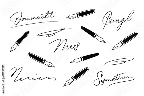 Elegant fountain pens and cursive handwriting on a clean white background