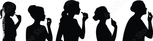 Set of female silhouettes of different ages applying lipstick and makeup products isolated on white background