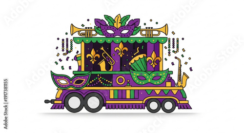 Vibrant mardi gras parade float with purple green and gold decorations masks and musical instruments on a colorful truck