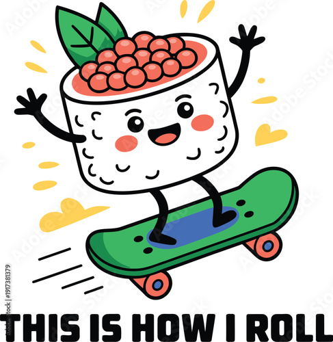 Cute sushi character skateboarding with joyful expression and colorful background