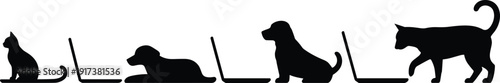 Set of pet silhouettes showing cats and dogs sitting by laptops isolated on white background,