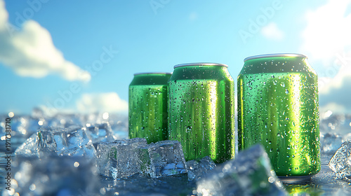 Three red soda cans sit amidst sparkling ice cubes, reflecting sunlight. The bright blue sky provides a perfect summer backdrop.